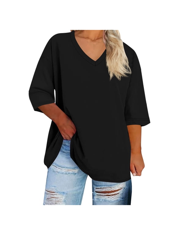Oversized Summer Tops For Women Workout Plus Size Tops V Neck Short Sleeve Gym Shirts Casual Loose Fit Basic Tees Sports T-Shirt