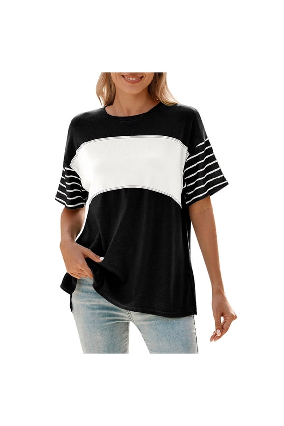 Oversized Summer Tops For Womens Tees Loose T Shirts Tank Half Sleeve Round Neck Casual Block Waffle Knit Tunic Tops