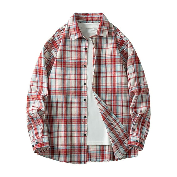 Tumotour Plaid Shirt For Men Button Down Lapel Crew Neck Long Sleeve Tops Casual Lightweight Vintage Loose Fit Work Shirt