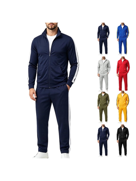 Plus Size 2 Piece Sweatsuits for Men'S Color Block Stand Collar Full Zip Long Sleeve Jacket with Sweatpants Tracksuit Set Drawstring Elastic Waist Athletic Workout Running Sportswear Set