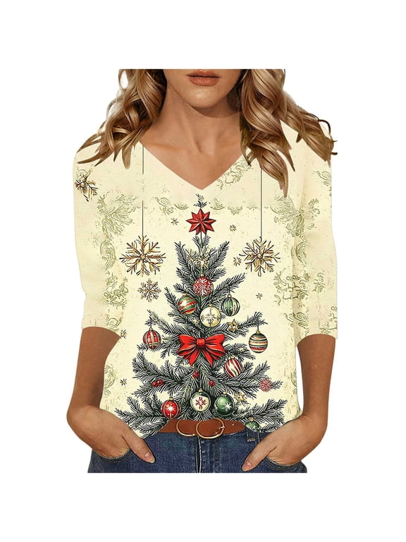 Plus Size 3/4 Sleeve Pullover Tops for Women's Xmas Print Crew Neck Blouse Fall Tunic Shirt