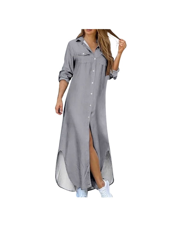 Plus Size Button Down Shirt Dress for Women's Open Front Maxi Dress Long Sleeve Turn Down Collar Fall Tunic Dress