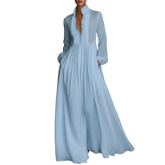 Tumotour Plus Size Button Up Shirt Dress for Women's Long Sleeve Flowy A-Line Maxi Dress Fall Tunic Dress