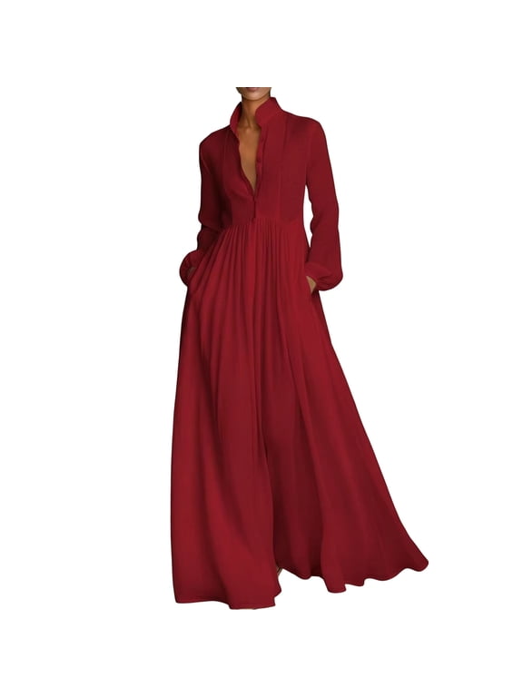 Plus Size Button Up Shirt Dress for Women's Long Sleeve Flowy A-Line Maxi Dress Fall Tunic Dress