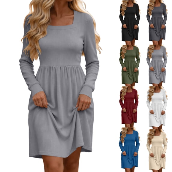 Tumotour Plus Size Fall Dress for Women's Solid Color Square Neckline High Waisted A-Line Mini Dress knitted Long Sleeve Slim T-Shirt Dress