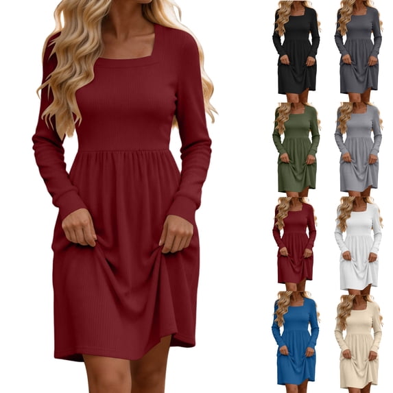 Tumotour Plus Size Fall Dress for Women's Solid Color Square Neckline High Waisted A-Line Mini Dress knitted Long Sleeve Slim T-Shirt Dress