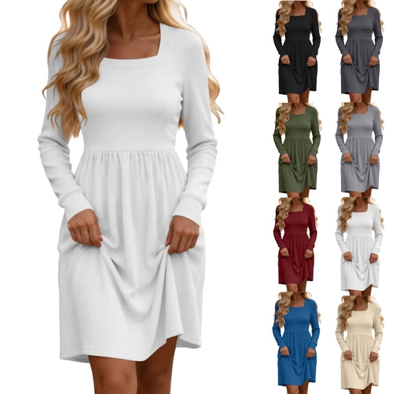 Tumotour Plus Size Fall Dress for Women's Solid Color Square Neckline High Waisted A-Line Mini Dress knitted Long Sleeve Slim T-Shirt Dress