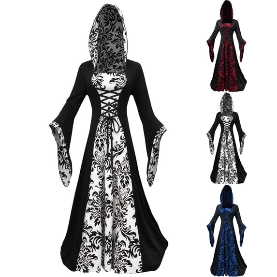 Tumotour Plus Size Hooded Gothic Witch Dress for Women's Medieval Vintage Court Long Dress Halloween Stage Performance Victorian Dress Corset Renaissance Dress
