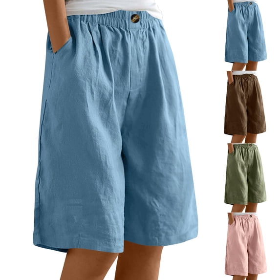 Tumotour Plus Size Linen Shorts for Women's Elastic Waist Buttons Wide-Leg Shorts Summer Bermuda Shorts with Pockets