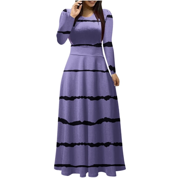 Tumotour Plus Size Maxi Dress for Women Long Sleeve Fall Dress Es Casual Color Block Crew Neck Patchwork Long Dress Es