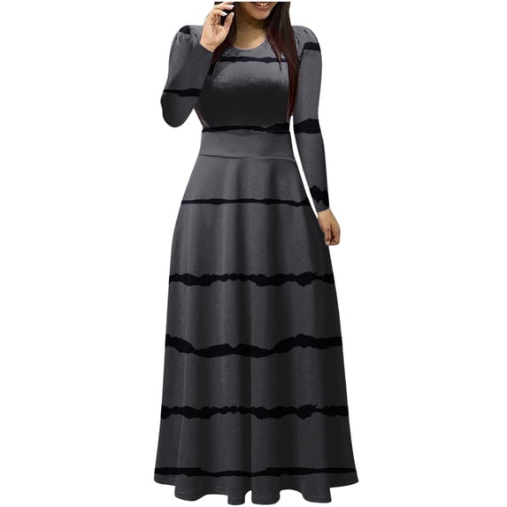 Tumotour Plus Size Maxi Dress for Women Long Sleeve Fall Dress Es Casual Color Block Crew Neck Patchwork Long Dress Es