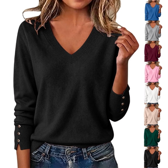 Tumotour Plus Size Pullover Sweater for Women's Solid Color V-Neck Lightweight Knit Tops Base Button Long Sleeve Fall Tunic Blouses