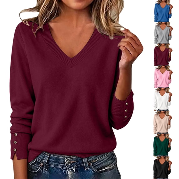 Tumotour Plus Size Pullover Sweater for Women's Solid Color V-Neck Lightweight Knit Tops Base Button Long Sleeve Fall Tunic Blouses