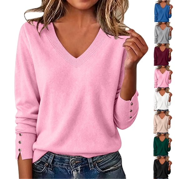 Tumotour Plus Size Pullover Sweater for Women's Solid Color V-Neck Lightweight Knit Tops Base Button Long Sleeve Fall Tunic Blouses