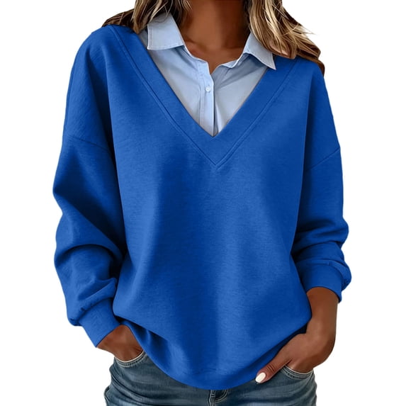 Tumotour Plus Size Pullover Sweatshirts for Women's Button Shirt Lapel Patchwork Long Sleeve Tops Preppy Style Fall Tunic Blouses