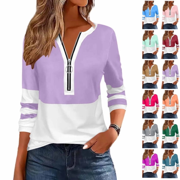 Tumotour Plus Size Pullover Tops for Women'S Color Block Half Zip Blouse V-Neck Long Sleeve Fall Tunic Shirt
