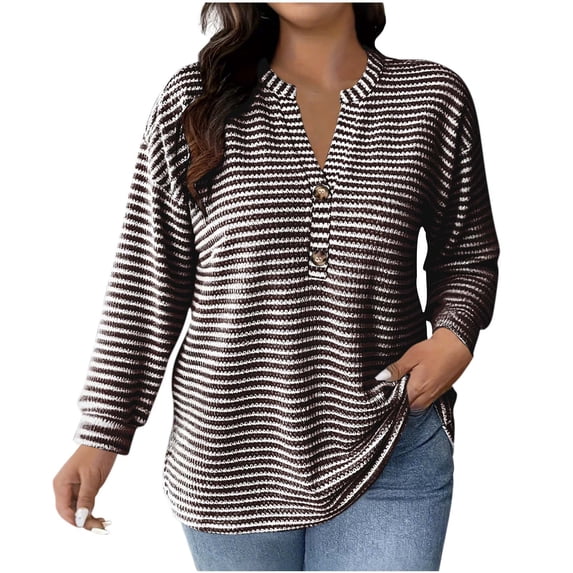 Tumotour Plus Size Pullover Tops for Women'S Striped Long Sleeved Button Up V-Neck Henry Shirt Fall Tunic Blouses