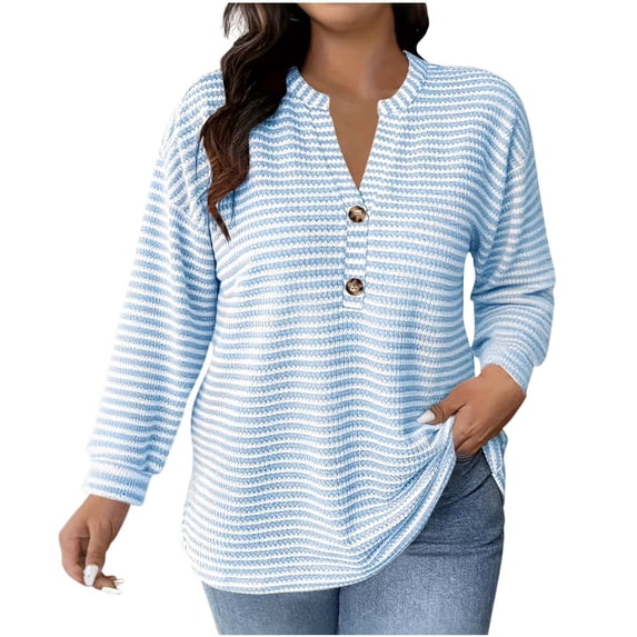 Tumotour Plus Size Pullover Tops for Women'S Striped Long Sleeved Button Up V-Neck Henry Shirt Fall Tunic Blouses