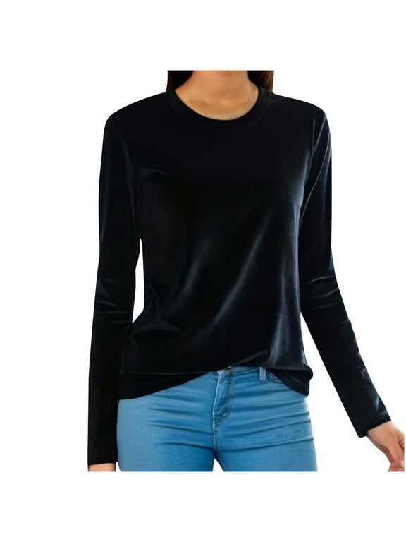 Plus Size Pullover Tops for Women's Crew Neck Long Sleeve Velour T-Shirt Fall Tunic Blouses