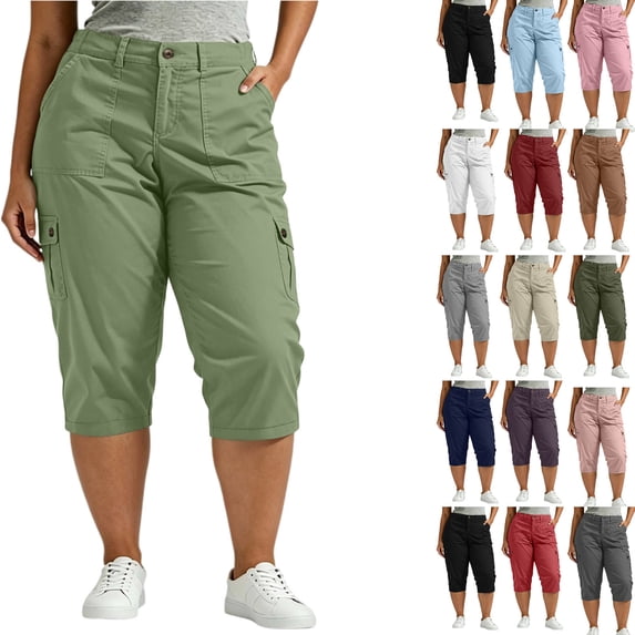 Tumotour Plus Size Cargo Shorts for Women's Solid Color Straight-Leg Shorts Elastic Waist Casual Summer Bermuda Shorts with Pockets
