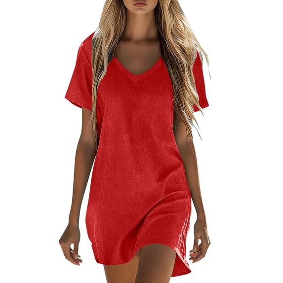 Tumotour Plus Size Summer Dress For Women'S Mini Dress Solid Short Sleeved V-Neck Linen Dress Casual A-Line T-Shirt Dress With Pocket
