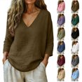 thumbnail image 1 of Tumotour Plus Size Summer Linen Shirts For Women'S Casual 3/4 Sleeve T-Shirt Short Sleeve V-Neck Athletic Workout Going Out Tops, 1 of 7
