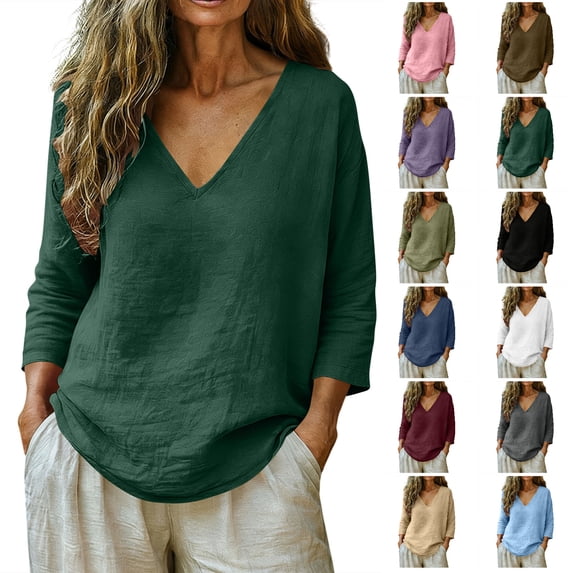 Tumotour Plus Size Summer Linen Shirts For Women'S Casual 3/4 Sleeve T-Shirt Short Sleeve V-Neck Athletic Workout Going Out Tops