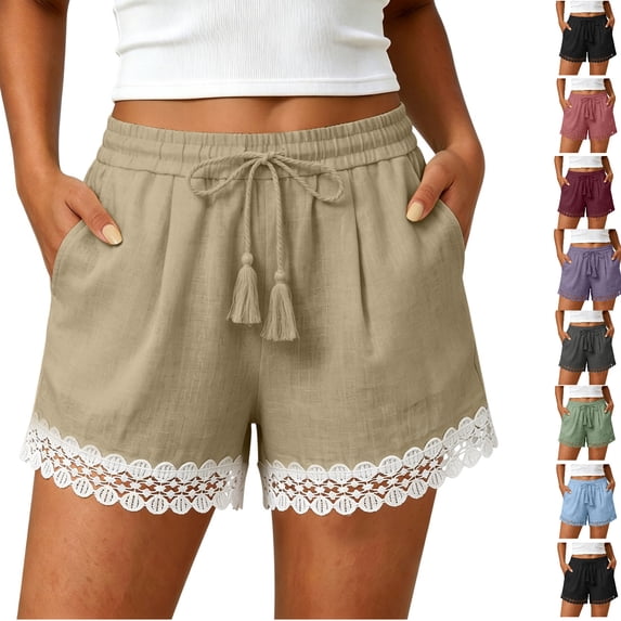 Tumotour Plus Size Summer Linen Shorts for Women'S Solid Lace Elastic Waist Drawstring Tassel Casual Summer Board Shorts Lightweight Wide-Leg Beach Shorts with Pockets