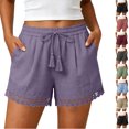 thumbnail image 1 of Tumotour Plus Size Summer Linen Shorts for Women'S Solid Lace Elastic Waist Drawstring Tassel Casual Summer Board Shorts Lightweight Wide-Leg Beach Shorts with Pockets, 1 of 8