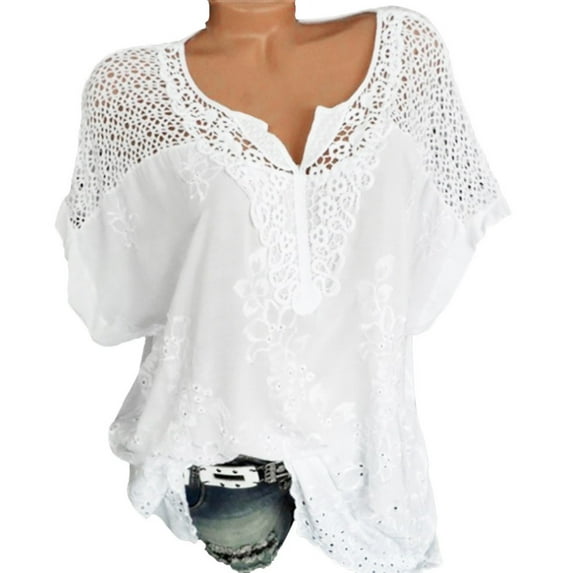 Tumotour Plus Size Summer Tops for Women Short Sleeves Lace V-Neck Hollow Out T-Shirt Blouse Tops Solid Casual Pullover Tops