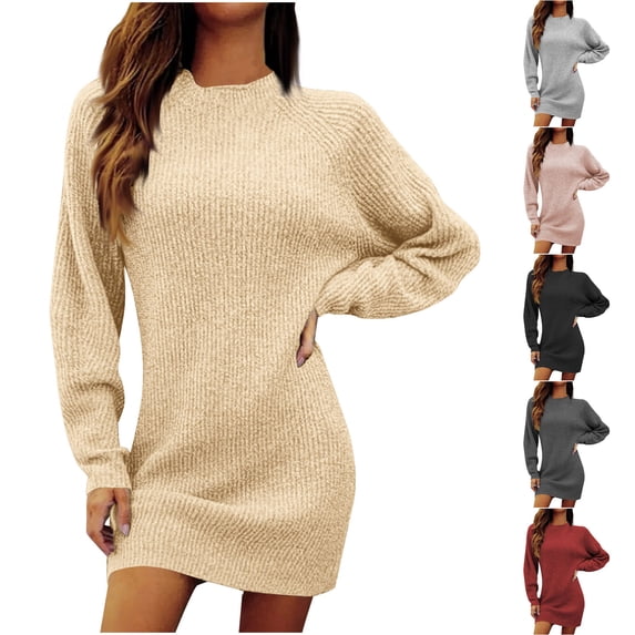 Tumotour Plus Size Sweater Dress for Women's Knit Bodycon Mini Dress Crew Neck Long Sleeve Fall Tunic Dress