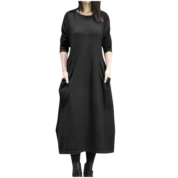 Tumotour Plus Size T-Shirt Dress for Women's A-Line Sweatshir Long Dress Crew Neck Long Sleeve Fall Tunic Dress with Pocket