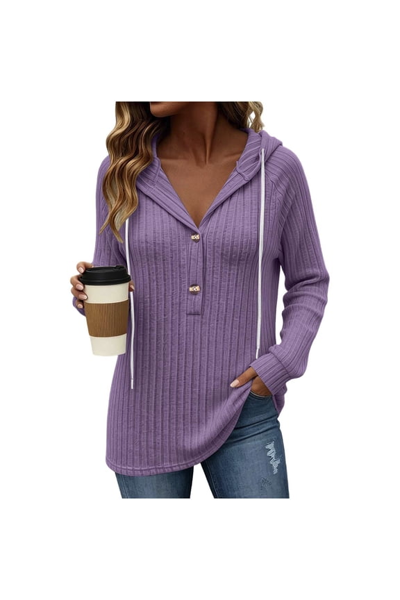 Pullover Hoodies for Women'S Drawstring Button Up Shirt Long Sleever Hooded Top Fall Tunic Tops