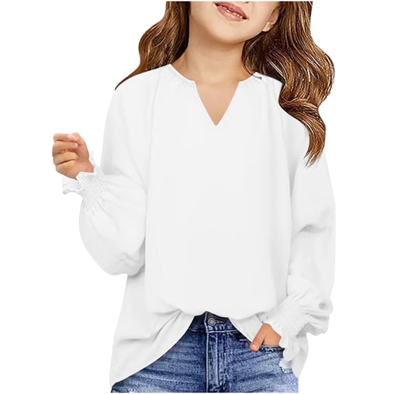 Tumotour Pullover Shirts For Girls V Neck Long Sleeve Puff Sleeve Chiffon Blouses Casual Solid Color Loose Fit Smocked Cuffs Shirts Tops