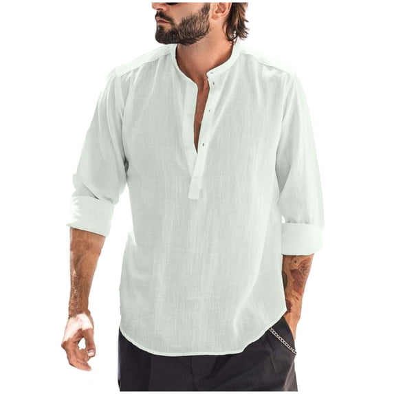 Tumotour Pullover Shirts For Men Casual Loose Solid Color V Neck Long Sleeve Button Tunic Tops