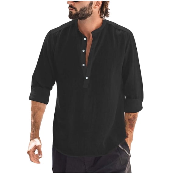 Tumotour Pullover Shirts For Men Casual Loose Solid Color V Neck Long Sleeve Button Tunic Tops