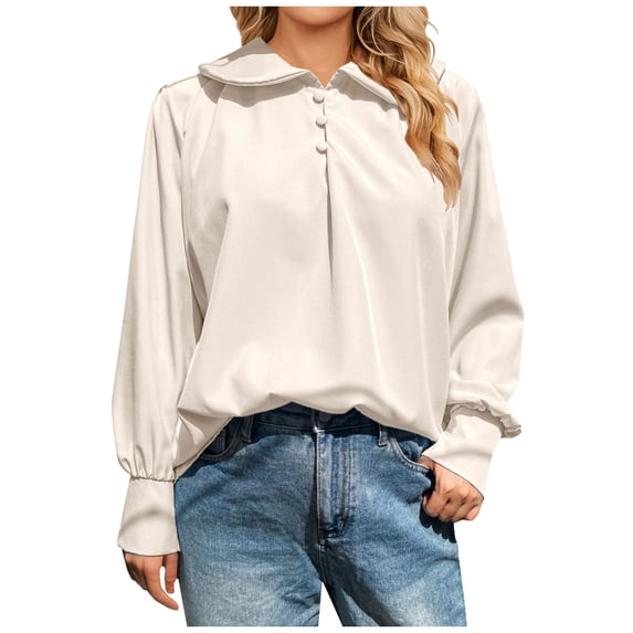 Tumotour Pullover Shirts For Women Button Down Lantern Long Sleeve Lapel V Neck Satin Blouse Solid Color Comfortable Loose Blouse Casual Tops