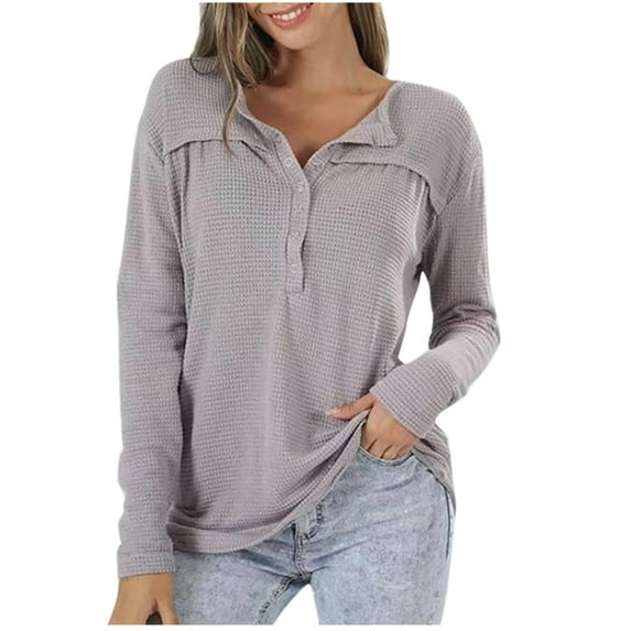 Tumotour Pullover Shirts For Women Button Down Long Sleeve Waffle Knit Tunic V Neck Tops Casual Solid Color Loose Fit Shirt