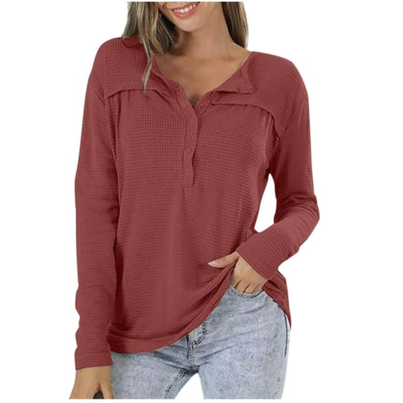 Tumotour Pullover Shirts For Women Button Down Long Sleeve Waffle Knit Tunic V Neck Tops Casual Solid Color Loose Fit Shirt