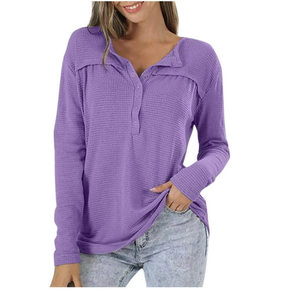 Tumotour Pullover Shirts For Women Button Down Long Sleeve Waffle Knit Tunic V Neck Tops Casual Solid Color Loose Fit Shirt