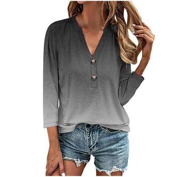 Tumotour Pullover Shirts For Women Button V Neck 3/4 Sleeve Tunic Tops Casual Gradient Color Loose Fit 2024 Summer Tops Tee Shirts