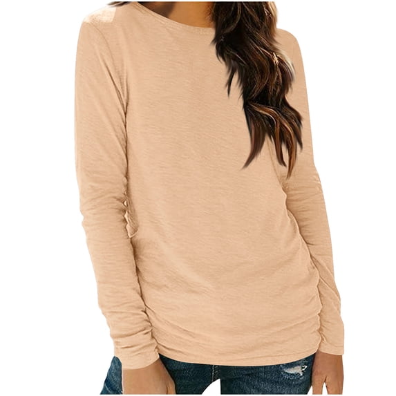 Tumotour Pullover Shirts For Women Casual Loose Solid Color Crew Neck Long Sleeve Slim Fit Comfortable Autumn Base Pullover Tops