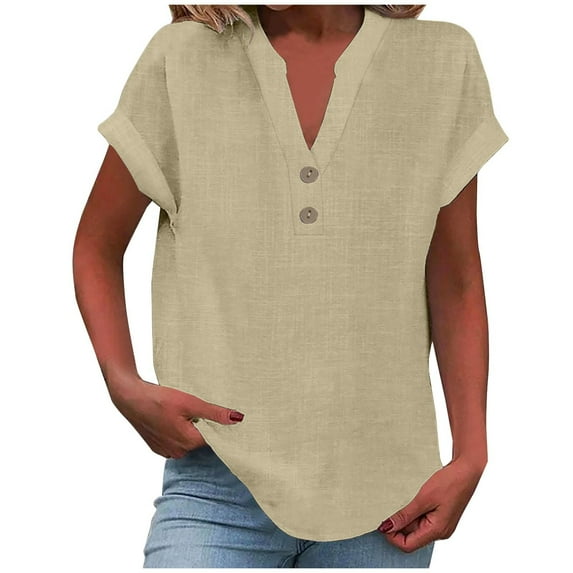 Tumotour Pullover Shirts For Women Cotton Linen Button Down V Neck Short Sleeve Blouse 2024 Summer Trendy Casual Solid Color Henley Tunic Tops