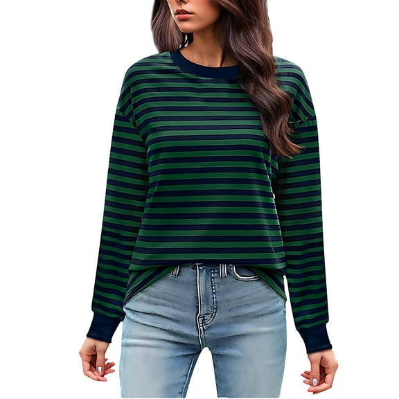 Tumotour Pullover Shirts For Women Striped Crewneck Long Sleeve Tunic Tops 2024 Fall Fasion Casual Loose Fit Pullover Tops