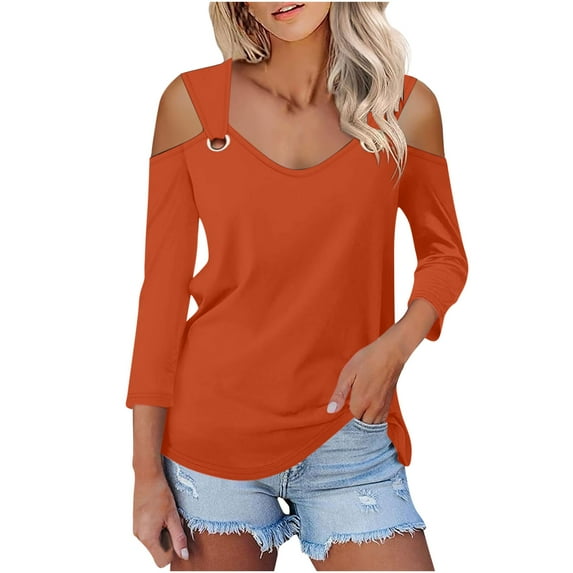 Tumotour Pullover Shirts For Women 3/4 Sleeve V Neck Hoop Cold Shoulder Tunic Shirts Casual Solid Color Loose Criss Cross 2025 Summer Trendy Tops Blouse Shirts