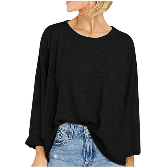 Tumotour Pullover Shirts For Women Casual Loose Solid Color Crew Neck Long Sleeve Foldable Base Shirt Oversized Slim Fit Comfortable Autumn Pullover Tops
