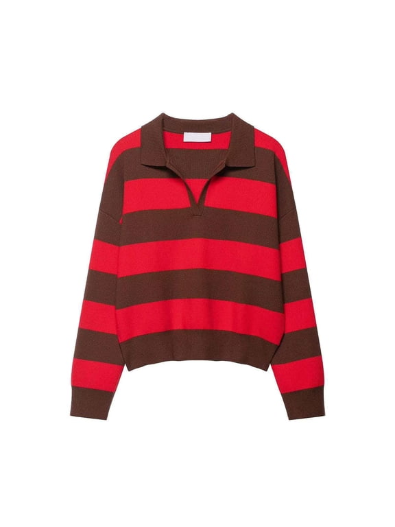 Pullover Sweater for Women Casual Stripe Color Block Turn-down Collared Knit Long Sleeve Tops Fall Tunic Shirt