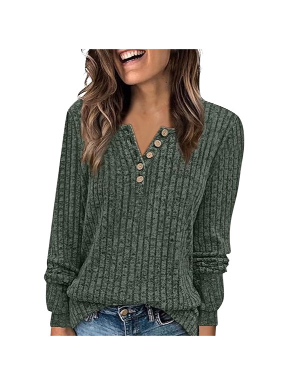 Tumotou Pullover Top for Women's Long Sleeve V-Neck Stripe Brushed Solid Color Button Placket T-Shirt Fall Tunic Blouses