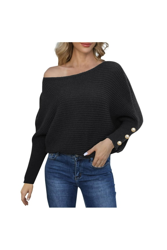 Pullover Sweaters For Women Button Rib Knit One-Line Off Shoulder Crew Neck Long Sleeve Tunic Tops 2024 Fall Fashion Oversized Casual Solid Color Loose Fit Pullover Sweater