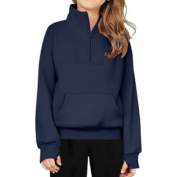 Tumotour Pullover Sweatshirts For Girls Half Zip Long Sleeve Crew Neck Thumb Hole Kangaroo Pocket Drop Shoulder Tunic Tops Casual Solid Color Loose Fit Lightweight Kids Cute Sweatshirts